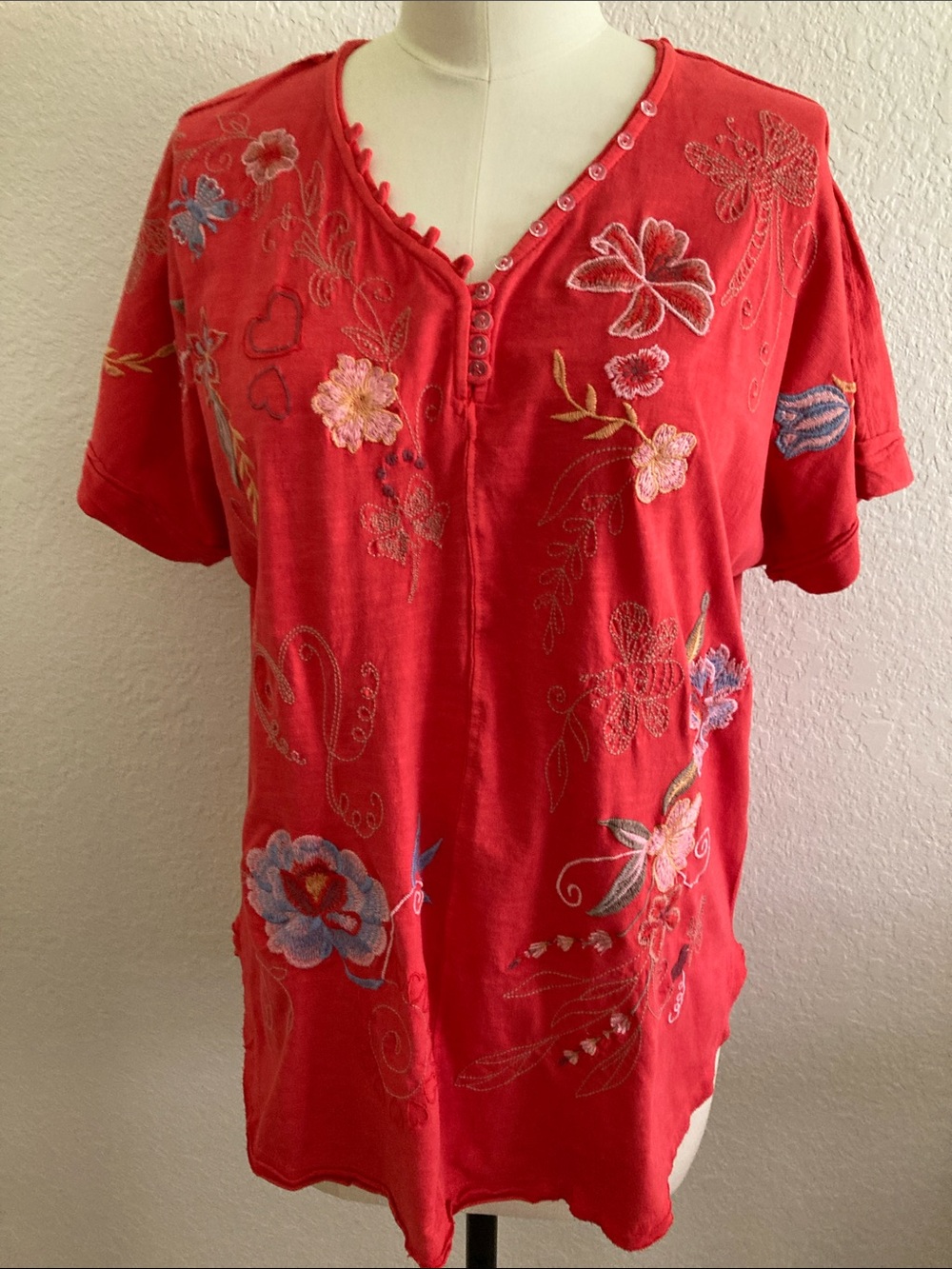 Red/Orange Embroidered Short-Sleeve Tunic Top
